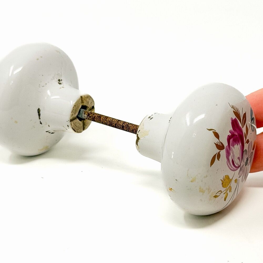Vintage Porcelain Floral Dummy Door Knob Set White Pink Cottage Farmhouse - Picture 4 of 6